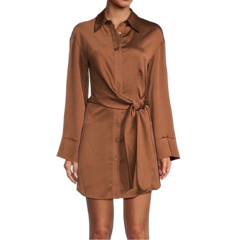 Gianni Bini Mina Button Down Faux Wrap Dress Mini Short Bronze Brown Gold M